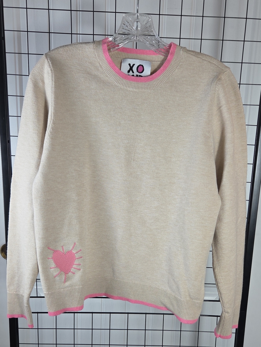 XO KR Kerri Rosenthal Heart Sweater Sz. Small Cream Pink Trim Embroidered (0245)